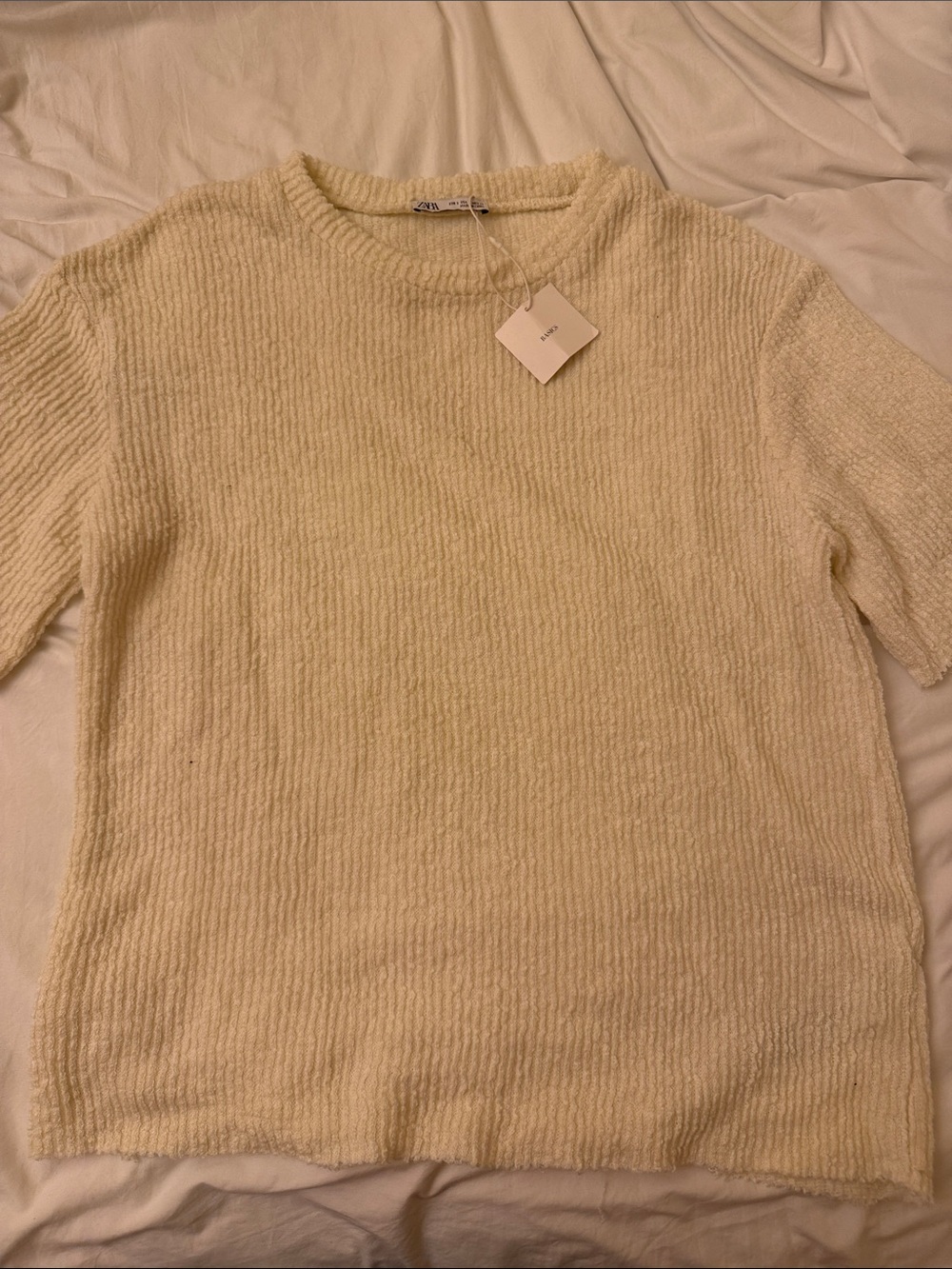 Zara Cream Ribbed Knit Short-Sleeve Sweater